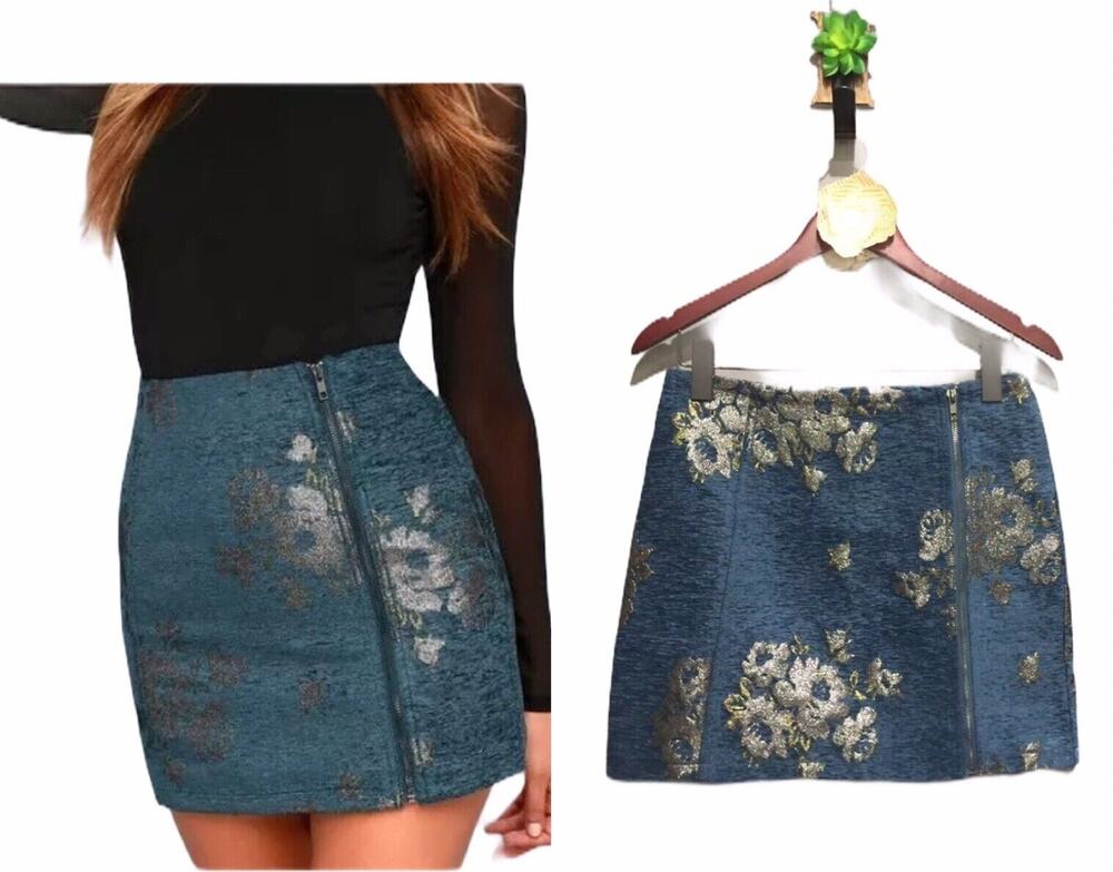 Free People Mini Skirt Size 4 Dark Turquoise Boho Brocade Textured Zip Front